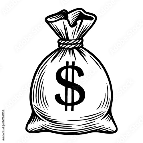 Money Bag Sack Dollar Sign Black and White Outline Line Art Drawing Illustration Design Graphic