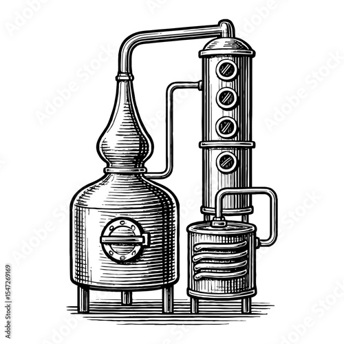 Vintage Distillation Apparatus Machine Black and White Outline Line Art Drawing Illustration