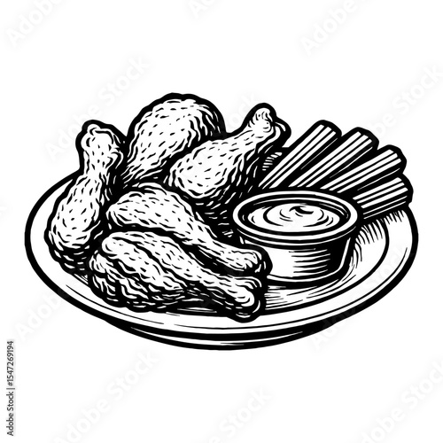 Chicken Wings with Dip Black and White Outline Line Art Drawing Illustration