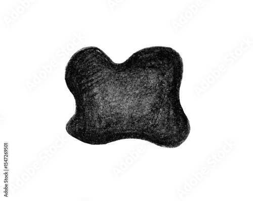 Spot of rounded shape with four convex parts. White background. Drawing with pencils. Different shades of gray, black. Gradient from dark to light, from the contour to the center of spot.