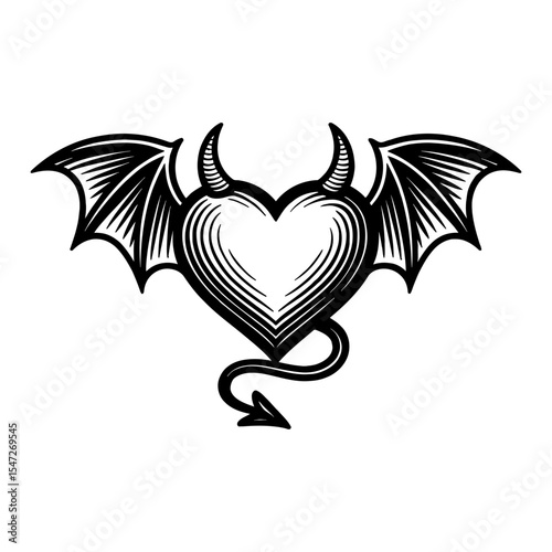Devil Heart with Wing and Tail Black and White Outline Line Art Drawing Illustration Design Vector