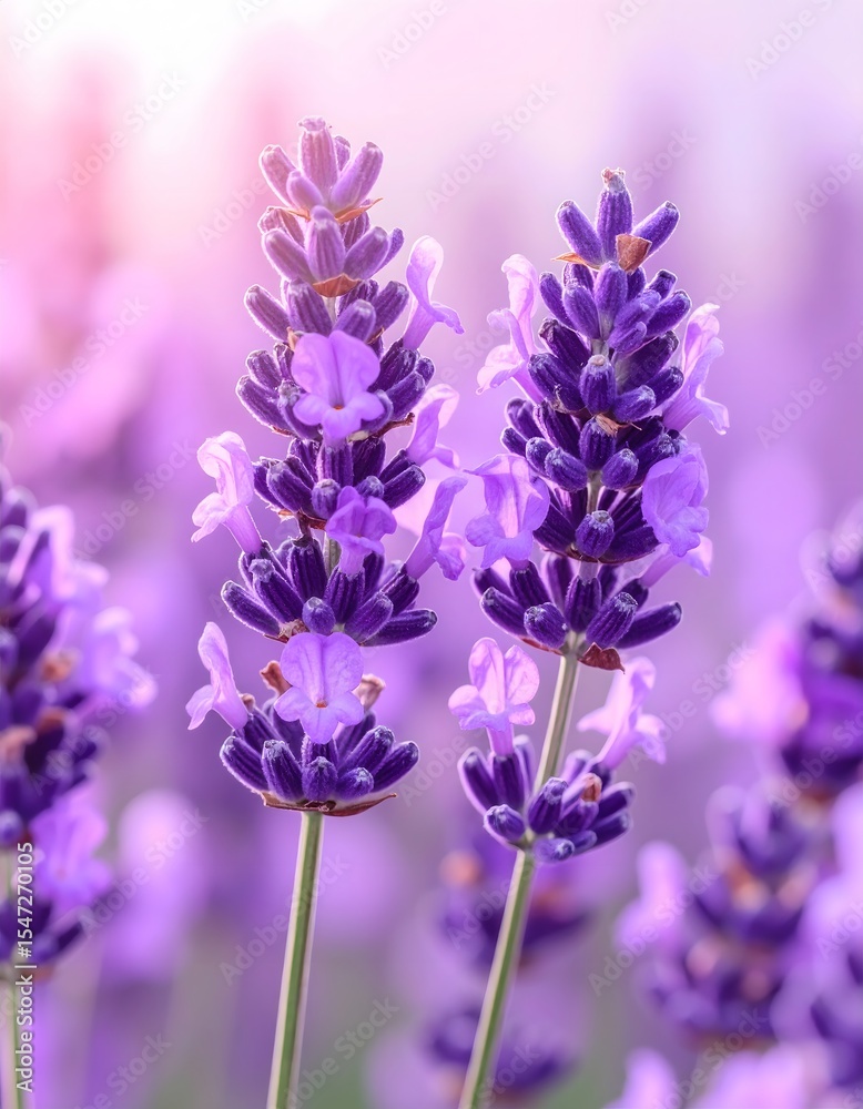 Obraz premium Lavender blooms in soft focus, bathed in ethereal purple light and gentle pink highlights.