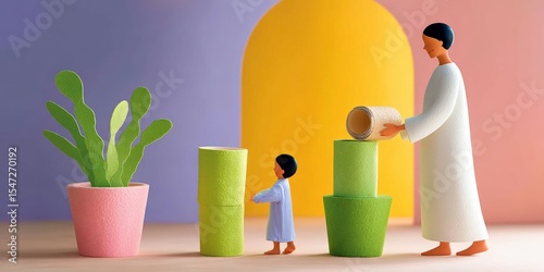 Diverse figures building together with colorful cylinders in creative setting