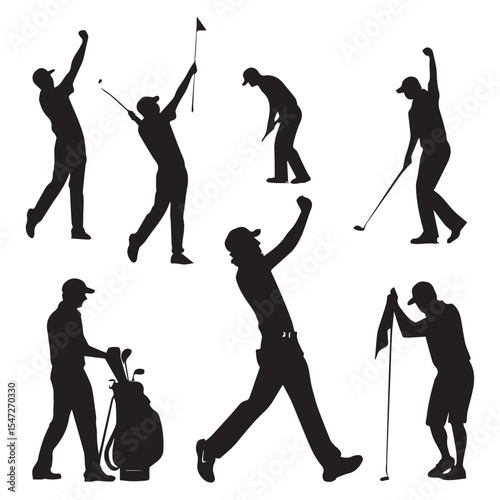 A set of golfer sports people playing golf in various poses