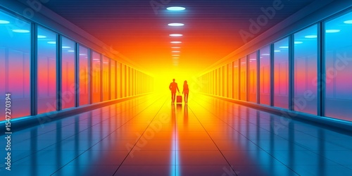 A modern airport terminal with travelers walking toward gates