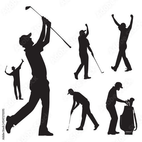 A set of golfer sports people playing golf in various poses