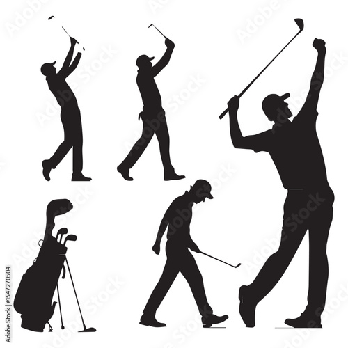 A set of golfer sports people playing golf in various poses