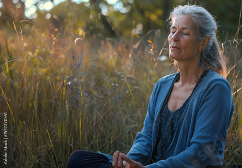 Older woman with closed eyes doing yoga on grass among trees at sunset, embodying mindfulness, calm, and connection with nature.