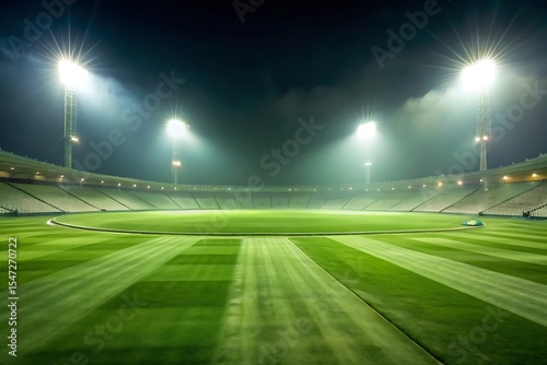 Empty cricket stadium at night, illuminated by bright floodlights, green grass field