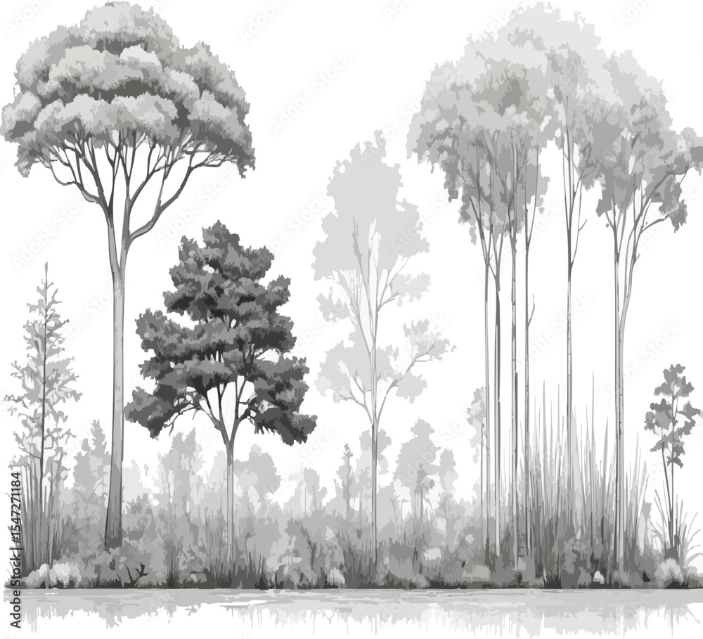 Fototapeta premium Monochrome Tree Silhouettes Collection with Reflections - Diverse Nature & Park Elements