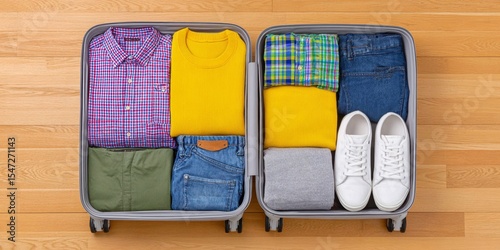 An open suitcase neatly packed with clothes, shoes, and gadgets