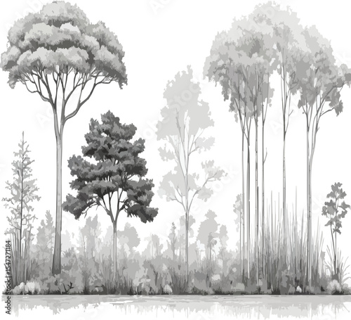 Monochrome Tree Silhouettes Collection with Reflections - Diverse Nature & Park Elements