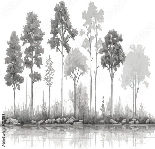 Monochrome Tree Silhouettes Collection with Reflections - Diverse Nature & Park Element