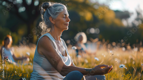 Older woman practicing yoga and meditation outdoors in a sunlit field, surrounded by nature and peaceful atmosphere.