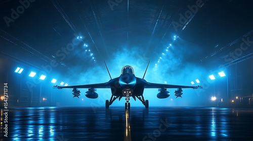 Fighter jet airplane aircraft military aviation supersonic speed blue hangar lights modern technology
