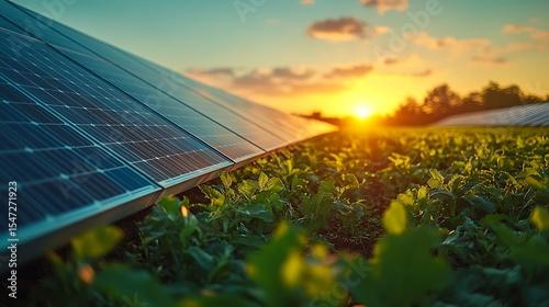 Solar panel farm energy agriculture renewable power photovoltaic system sunset sustainable field innovation