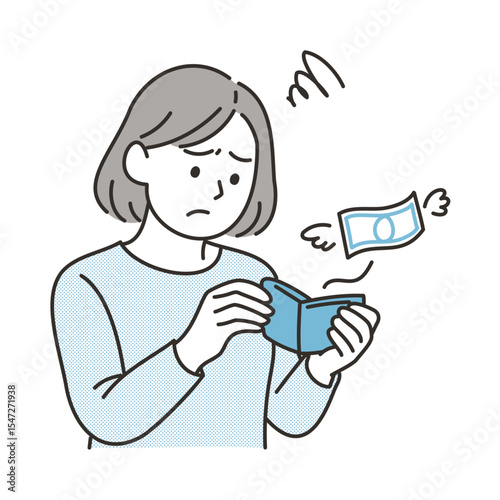 財布を見て落ち込む女性のイラスト