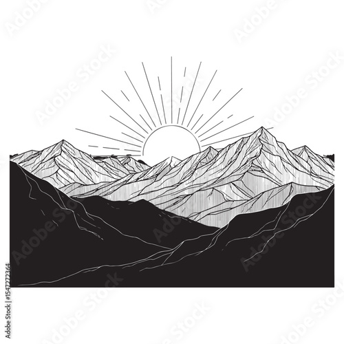Black and White Mountain Range Sunrise Line Art Illustration