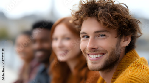 Diverse group of young friends smiling and laughing together outdoors, focus on curly-haired man in yellow sweater. Natural genuine expressions of joy and connection.