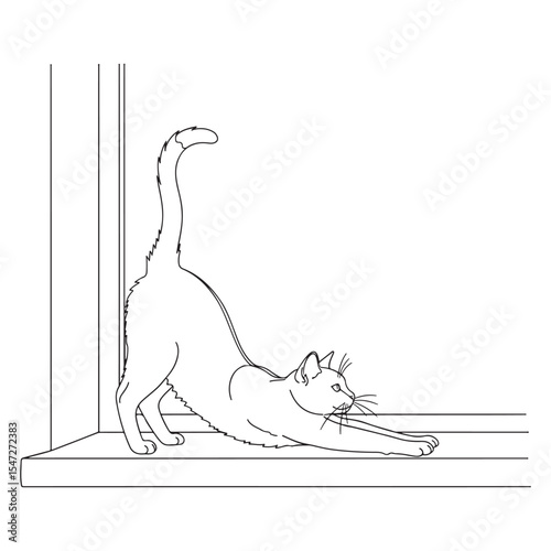 Cat Stretching on Windowsill Line Art Illustration