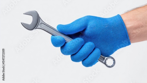 Hand in blue work glove holds a shiny metal wrench against a bright white background.