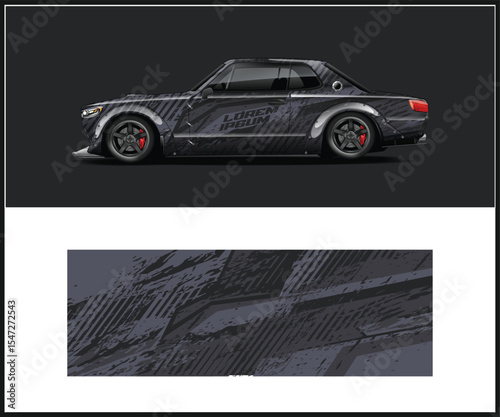 Sleek Black Sports Car with Custom Wrap and Racing Design Elements