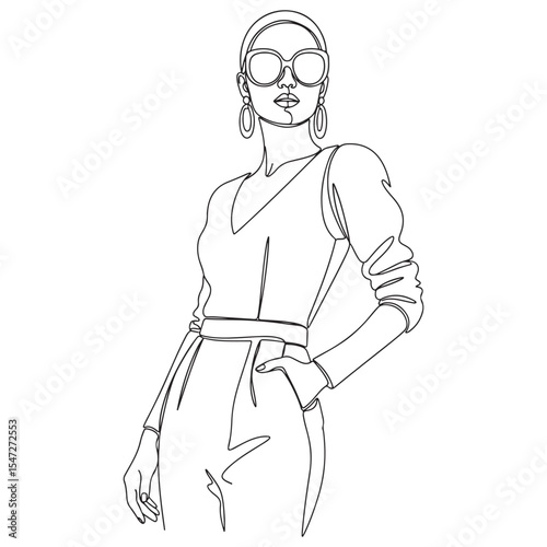 Fashionable Woman One Line Drawing Sunglasses Stylish Outfit