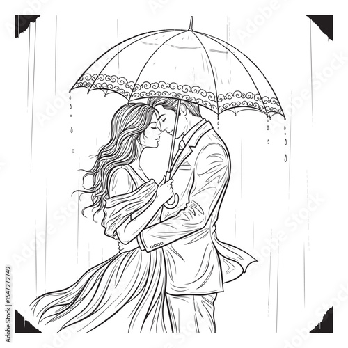 Romantic Couple Under Ornate Umbrella Rain love