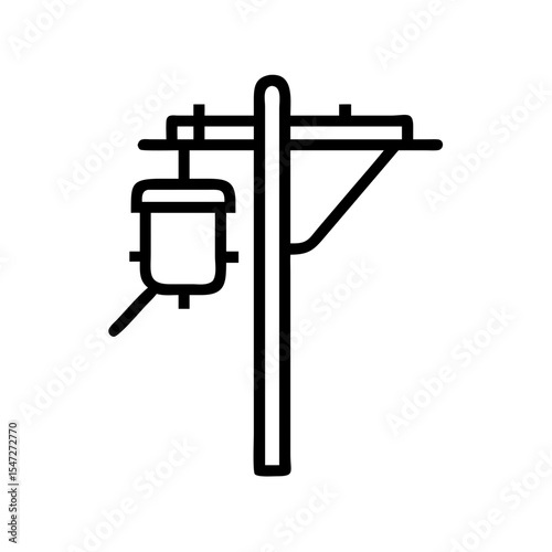 An urban electricity pole or utility pole with transformer as a power supply element vector outline illustration, for infrastructure icon
