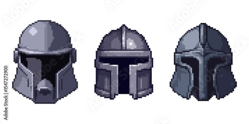 Pixel Art SciFi Helmets Collection, Futuristic Armor Icons. striking collection of three distinct pixel art helmets, meticulously rendered in a classic retro video game style