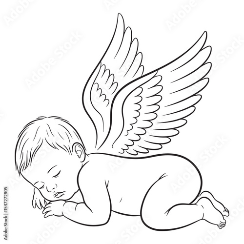 Sleeping Baby Angel with Large Wings Line Art vector