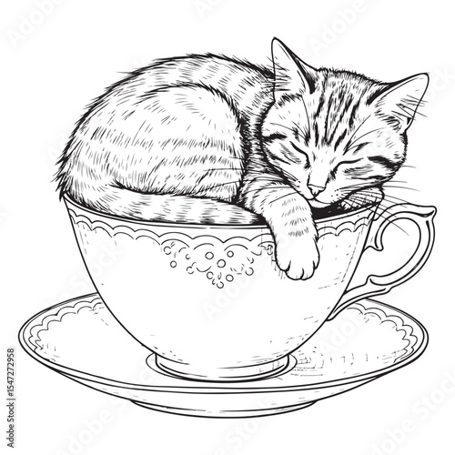 Sleeping Kitten Curled Inside Ornate Teacup Saucer