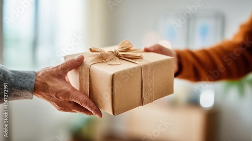 Hands Exchanging a Wrapped Gift with a Bow: A Moment of Giving and Connection
