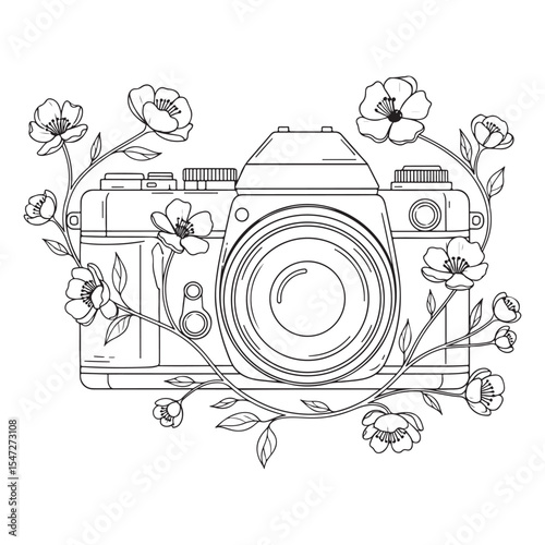 Vintage Camera with Blooming Cherry Blossoms Line Art