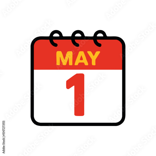 Iconic calendar symbol showing the date May 1st in yellow and red text, representing a workday, holiday, or important appointment in a simple and clear design