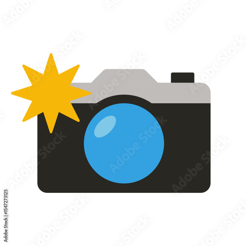 Flat cartoon camera icon with a blue lens and yellow flash spark, simple design, suitable for digital, photography, and tech themes.