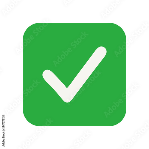 Green square icon with a white check mark, flat minimal design symbolizing confirmation, success, approval, validation, or completion.

