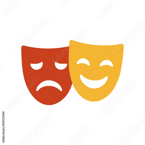Flat design of comedy and tragedy theater masks in yellow and red, symbolizing drama, acting, emotions, and performing arts.

