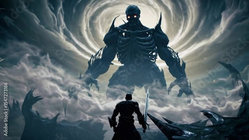 Boss fight: Epic fantasy scene with giant armored figure and lone hero facing each other in swirling clouds, symbolizing battle, power, courage, conflict, mythology, strength, and cinematic