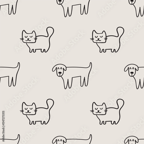 Cat and dog cute animals. Seamless pattern. Outline vector hand drawn design illustration.