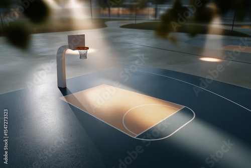 Sunlit basketball court at dusk with empty hoop and painted lines