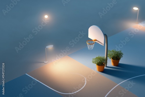 Minimalistic nighttime basketball court with streetlights and greenery