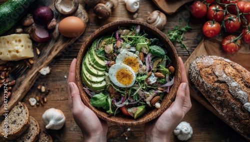 Healthy salad bowl with avocado, egg, and fresh vegetables held over a rustic wooden table