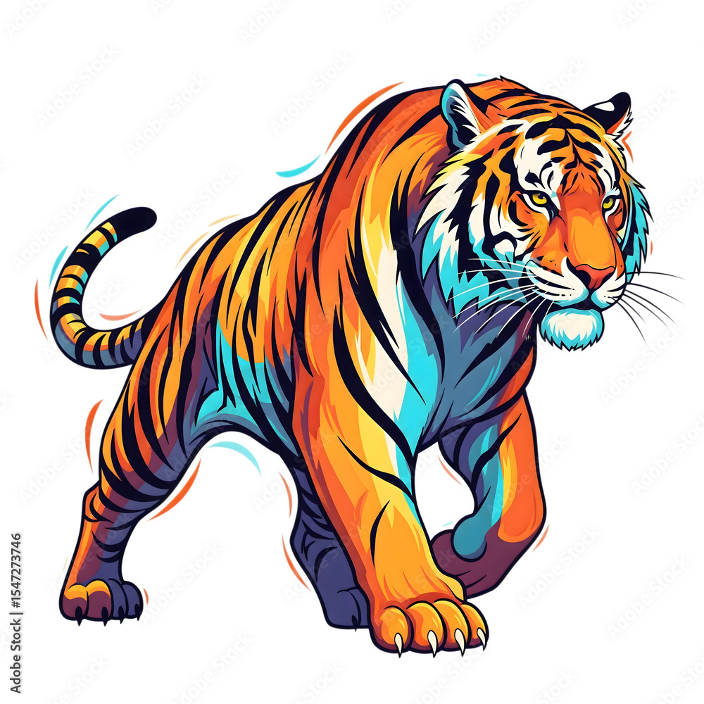 Naklejka premium T-shirt print: colored tiger, Bengal tiger, in a vivid artistic style, bright and dynamic, representing strength and beauty, without background