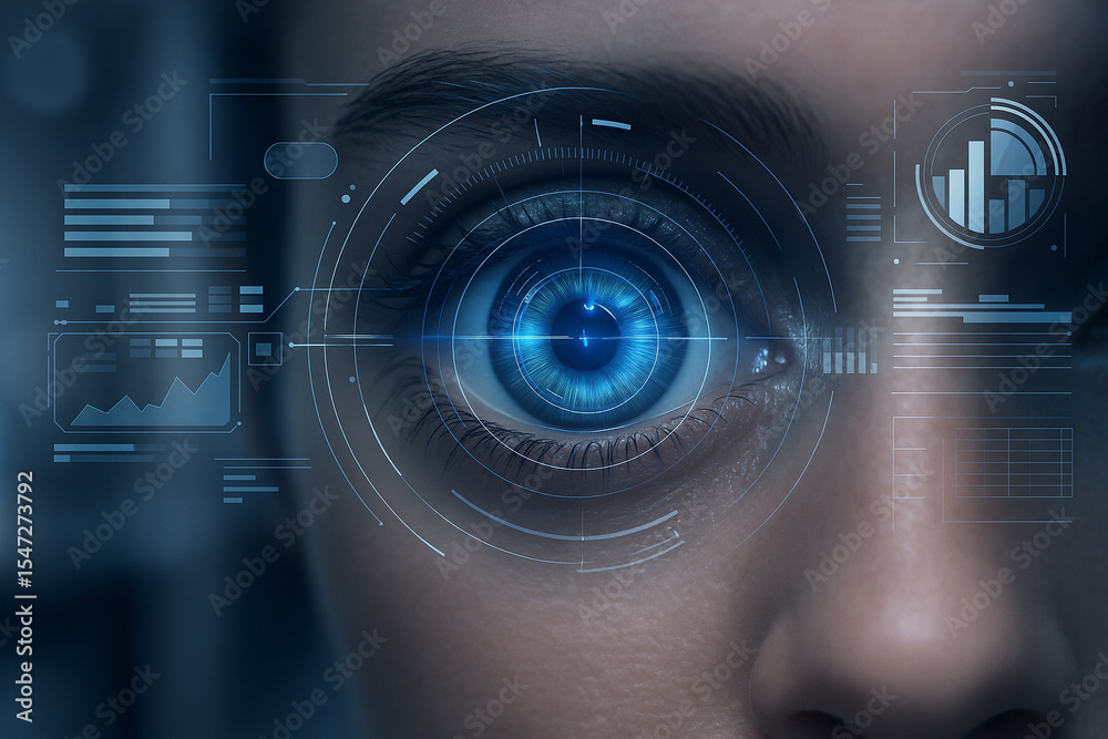 AI generated closeup of a human eye with advanced digital interface graphs and HUD elements representing futuristic data control system with cyber technology focus AI generated closeup of a human eye with advanced digital interface graphs and HUD elements representing futuristic data control system with cyber technology focus