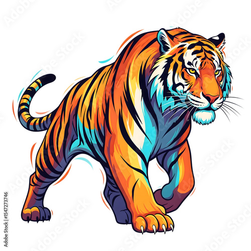 T-shirt print: colored tiger, Bengal tiger, in a vivid artistic style, bright and dynamic, representing strength and beauty, without background