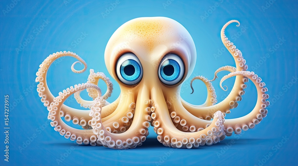 Obraz premium Hyper realistic 3d render Cute Cartoon Octopus: Big Eyes, Ocean Life AI Generative