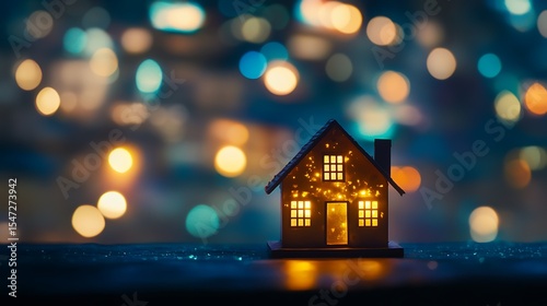 Miniature house with lights bokeh background home decor cozy night real estate property investment dream house