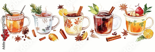 Colorful Vector Illustration of Festive Winter Hot Drinks with Spices Cinnamon Star Anise and Seasonal Garnishes in Glass Mugs Minimalist Flat Style
