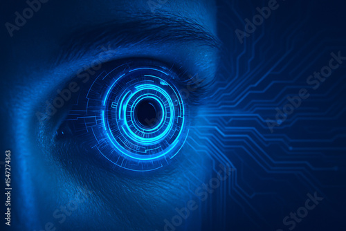 AI generated side view of a human eye with glowing concentric digital rings and futuristic circuit lines representing advanced cybernetic vision and artificial intelligence